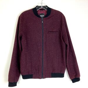 Boohoo Man Tweed Bomber Jacket Size S Burgundy Light Weight Full Zip Lined
